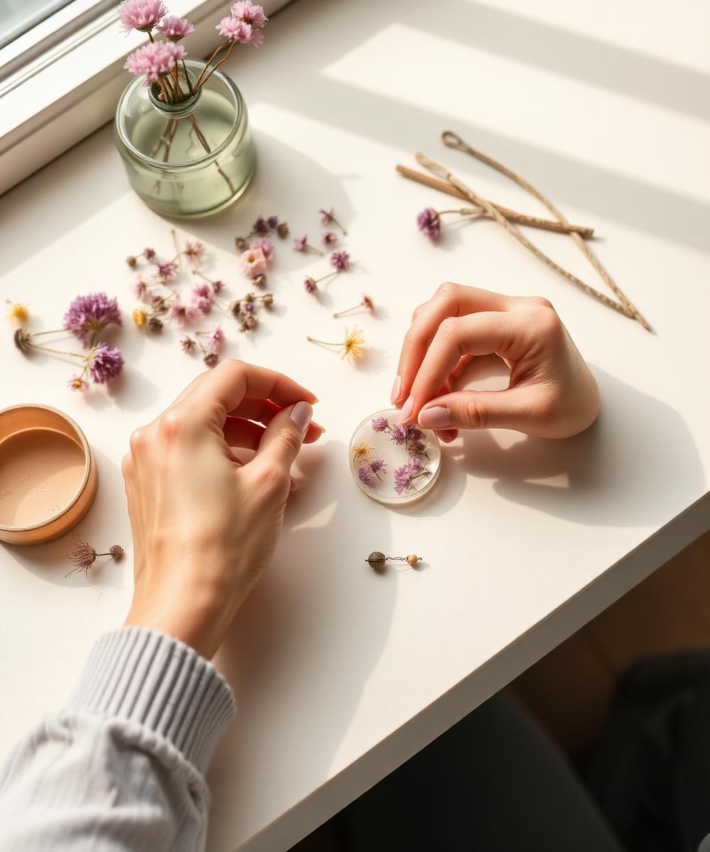 Fleur Craft artisan setting pressed flowers into resin