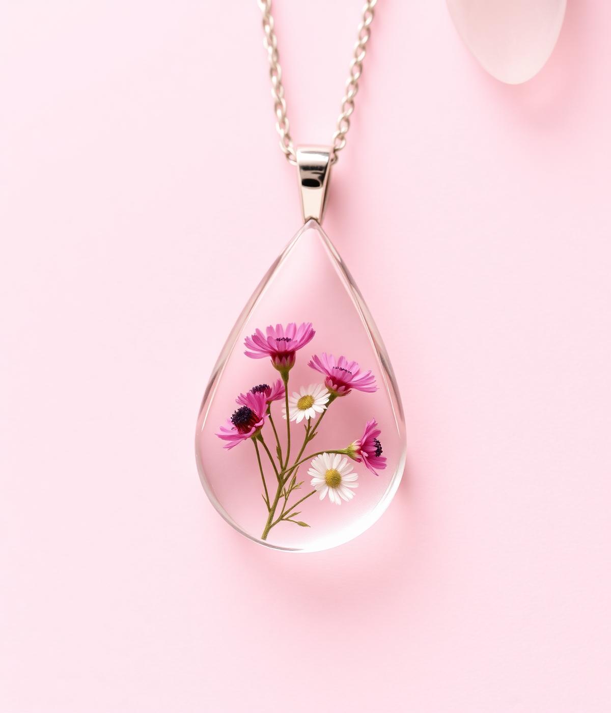 Fleur Craft signature teardrop resin pendant with pressed pink flowers